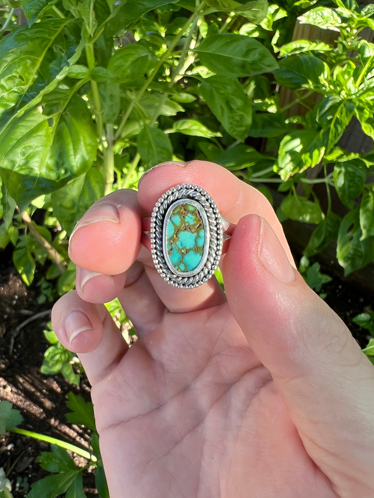 Hand Carved Turquoise Ring - Size 7.5