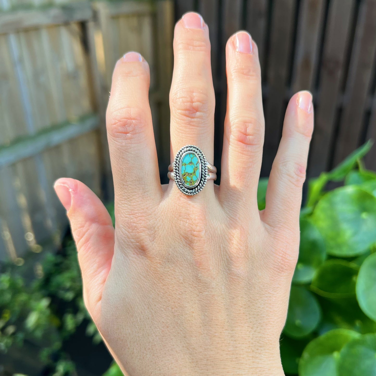 Hand Carved Turquoise Ring - Size 7.5