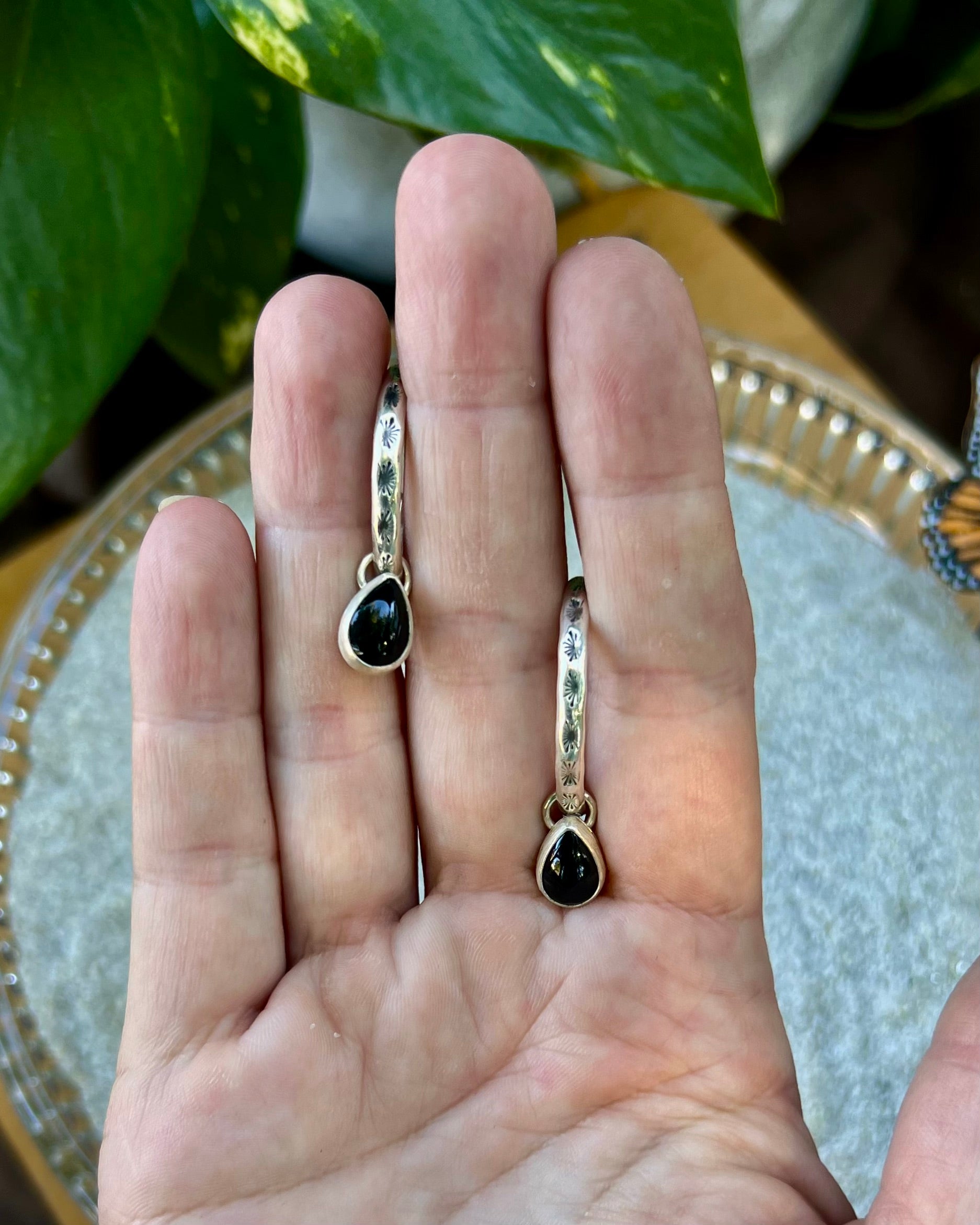 Black Onyx Charm Hoop Earrings