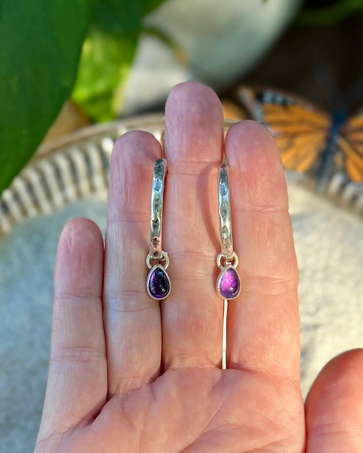 Amethyst Charm Hoop Earrings