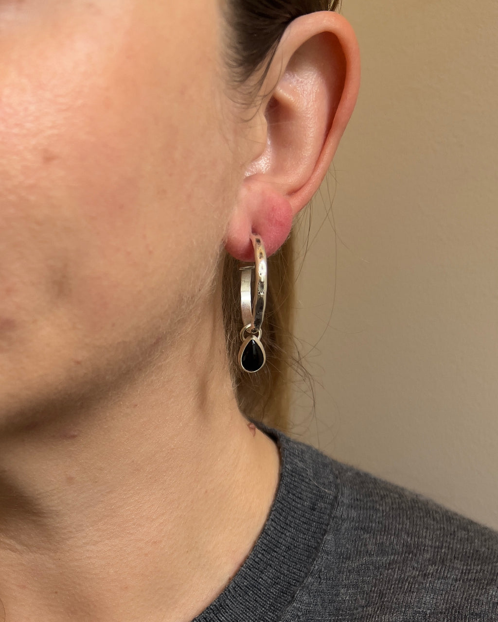 Black Onyx Charm Hoop Earrings